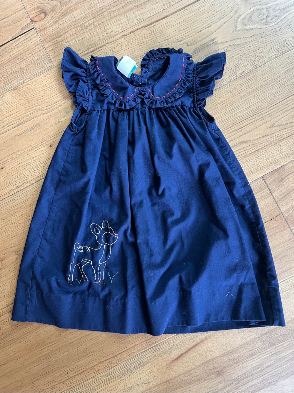 KREWE Navy Ruffle Collar Dress with Deer Embroidery